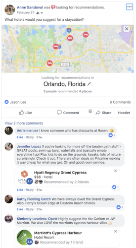 Facebook Post asking for Hotel Recommendations in Orlando