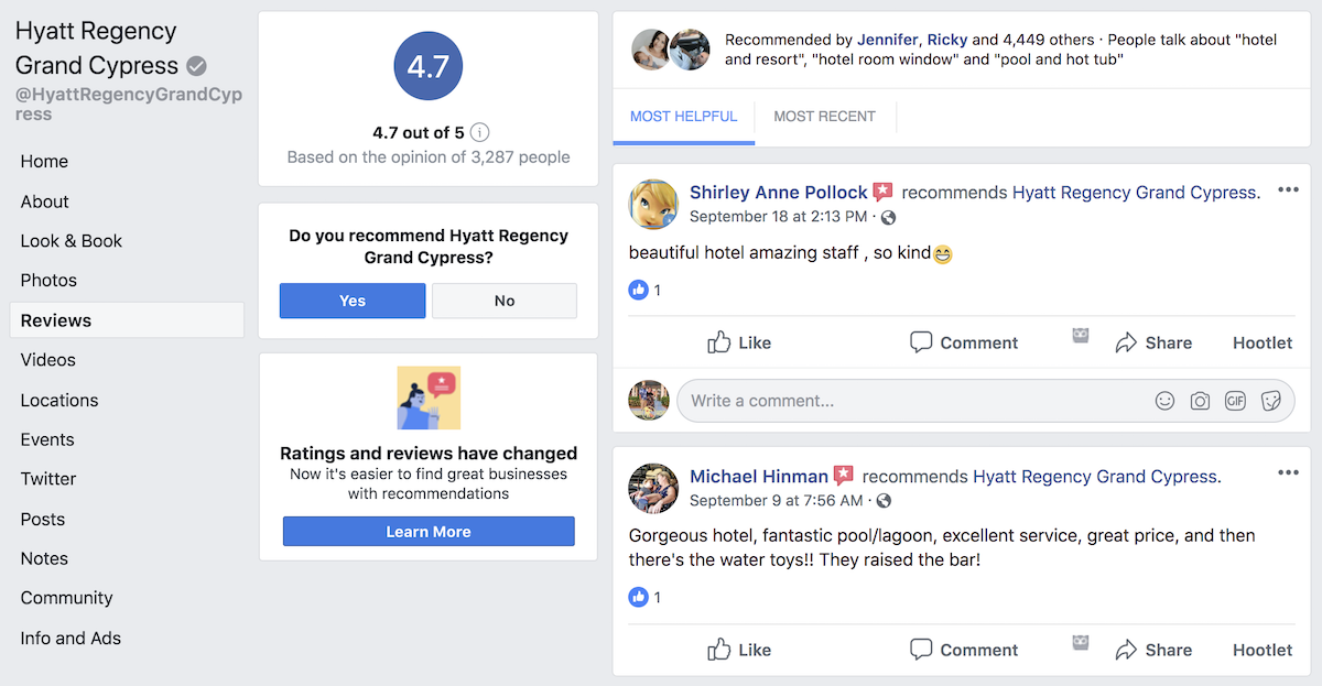 Facebook Recommendations Page for Hyatt Grand Regency Hotel