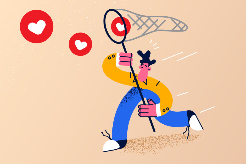 Vector Image - Person Catching Social Media Likes with Net for Valentine's Day 