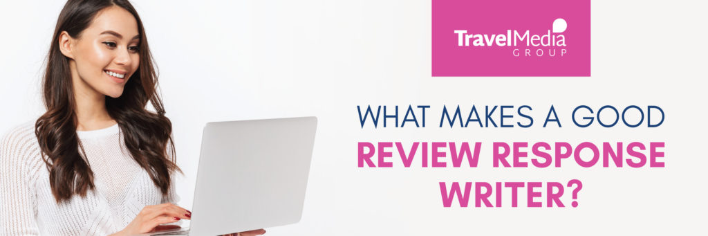 Banner of woman holding laptop with text: what makes a good review response writer?