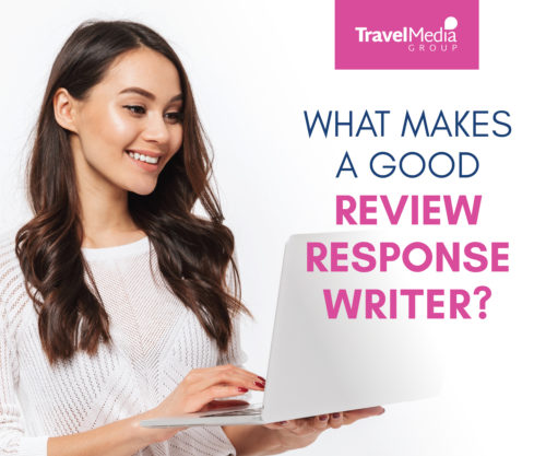 Banner of woman holding laptop with text: what makes a good review response writer?