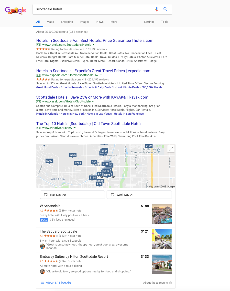 Screenshot of the Google search engines results page for "scottsdale hotels"