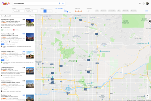 Screenshot of google hotel result for scottsdale hotels with search filters
