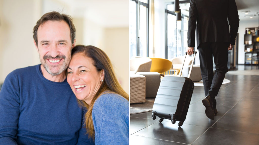 Split Image with Middle-Aged Couple on the Left and a Businessman Pulling a Suitcase on the Right