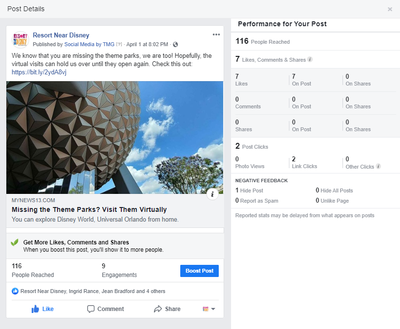 A Facebook post from Resort Near Disney