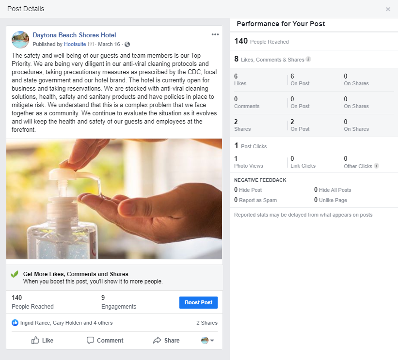 A Facebook post from Daytona Beach Shores Hotel