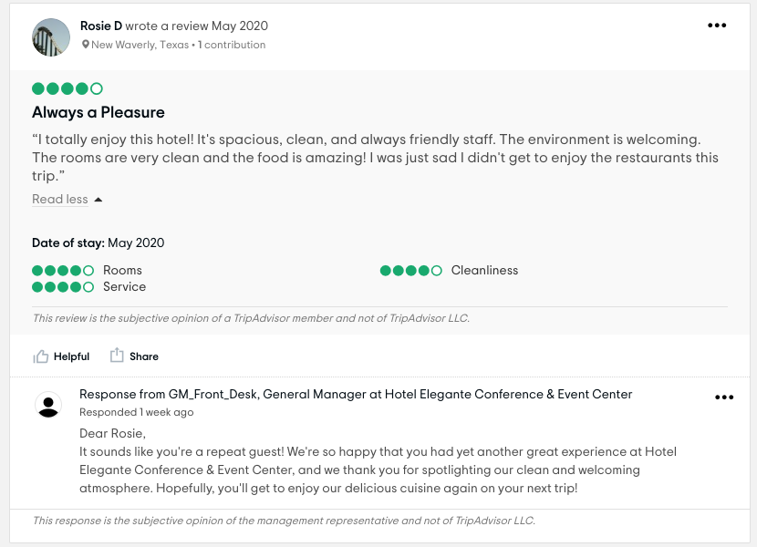 A positive review for hotel elegante posted to tripadvisor
