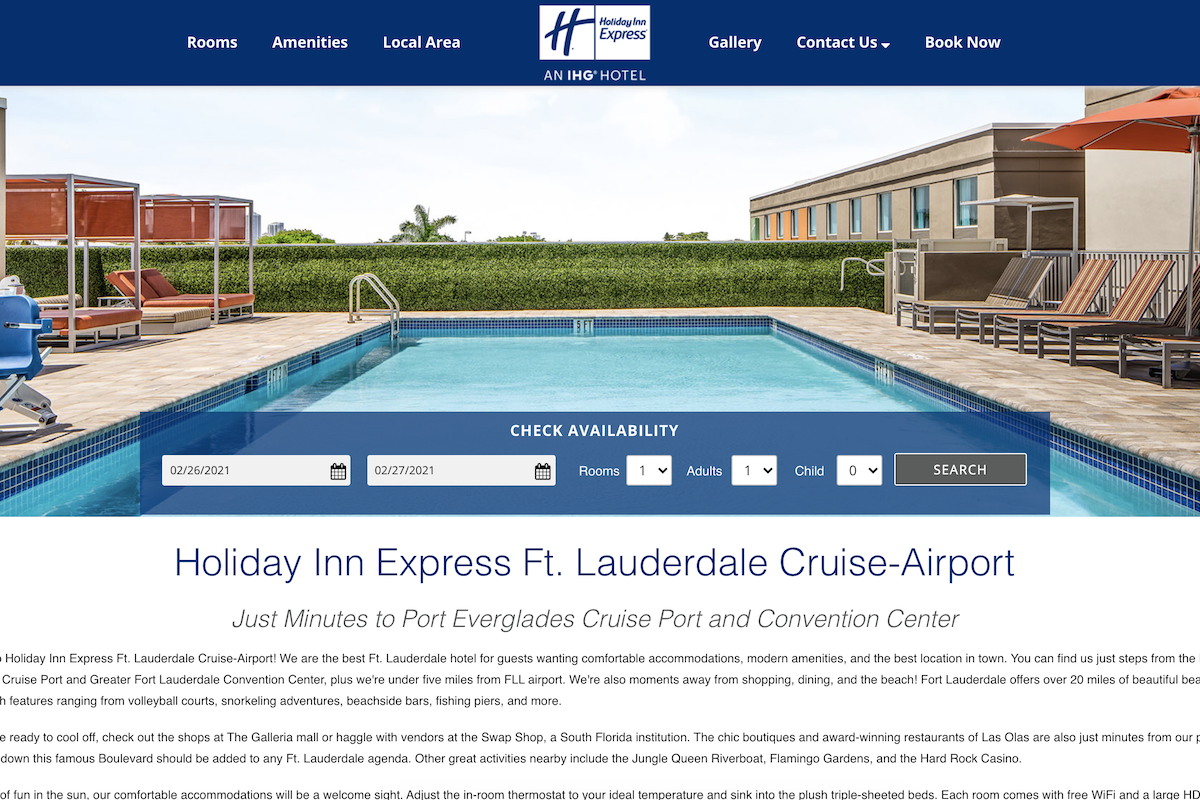 Screenshot of the home page for the Holiday Inn Express Ft. Lauderdale Crusie-Airport