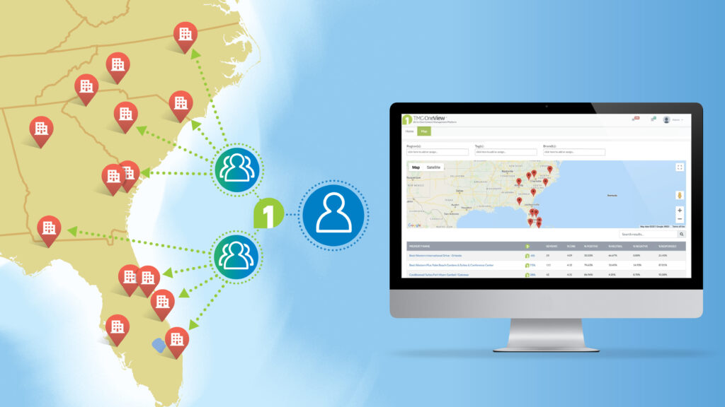 Hotel Locations on a Map Next to a Mac Desktop Computer Showing TMG OneView® Reporting