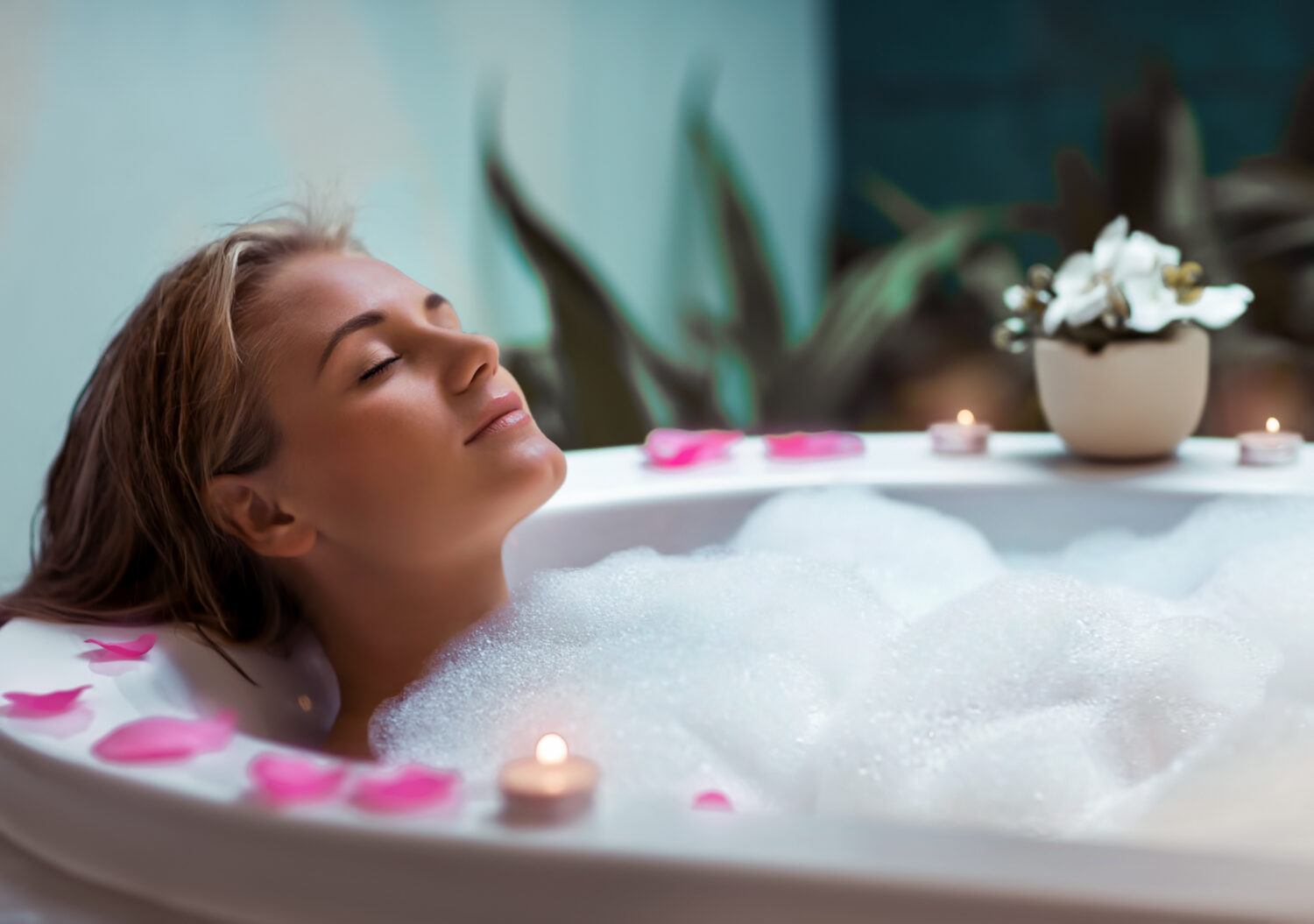 woman taking a bath with foam and petals on the rim of the tub
