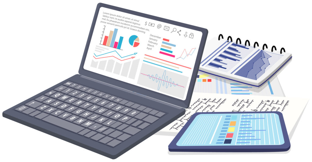 Laptop with analytics along with notebook and tablet